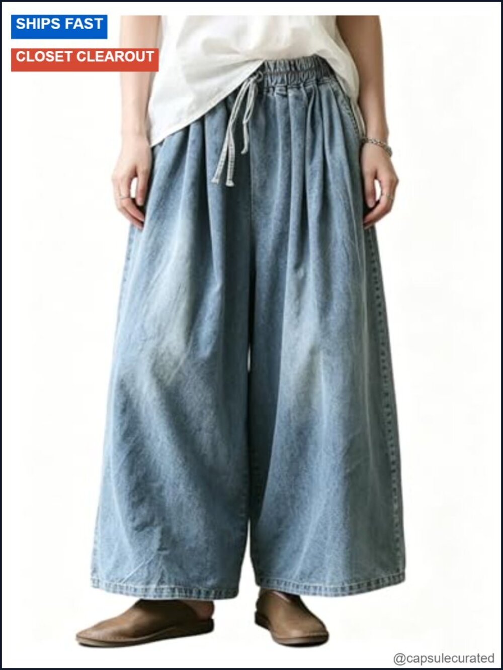 Wide Leg Baggy Jeans Plus Size Loose Elastic Waist Denim Pants Deep Pockets